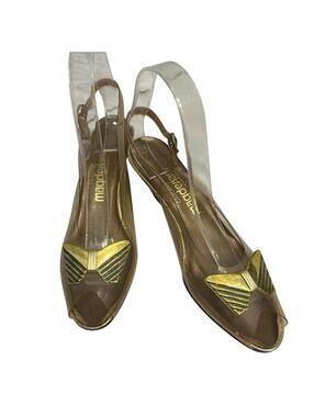 Vintage 50s Magdesians Clear Vinyl Slingback Peep Toe Heels 8.5N Gold Bow